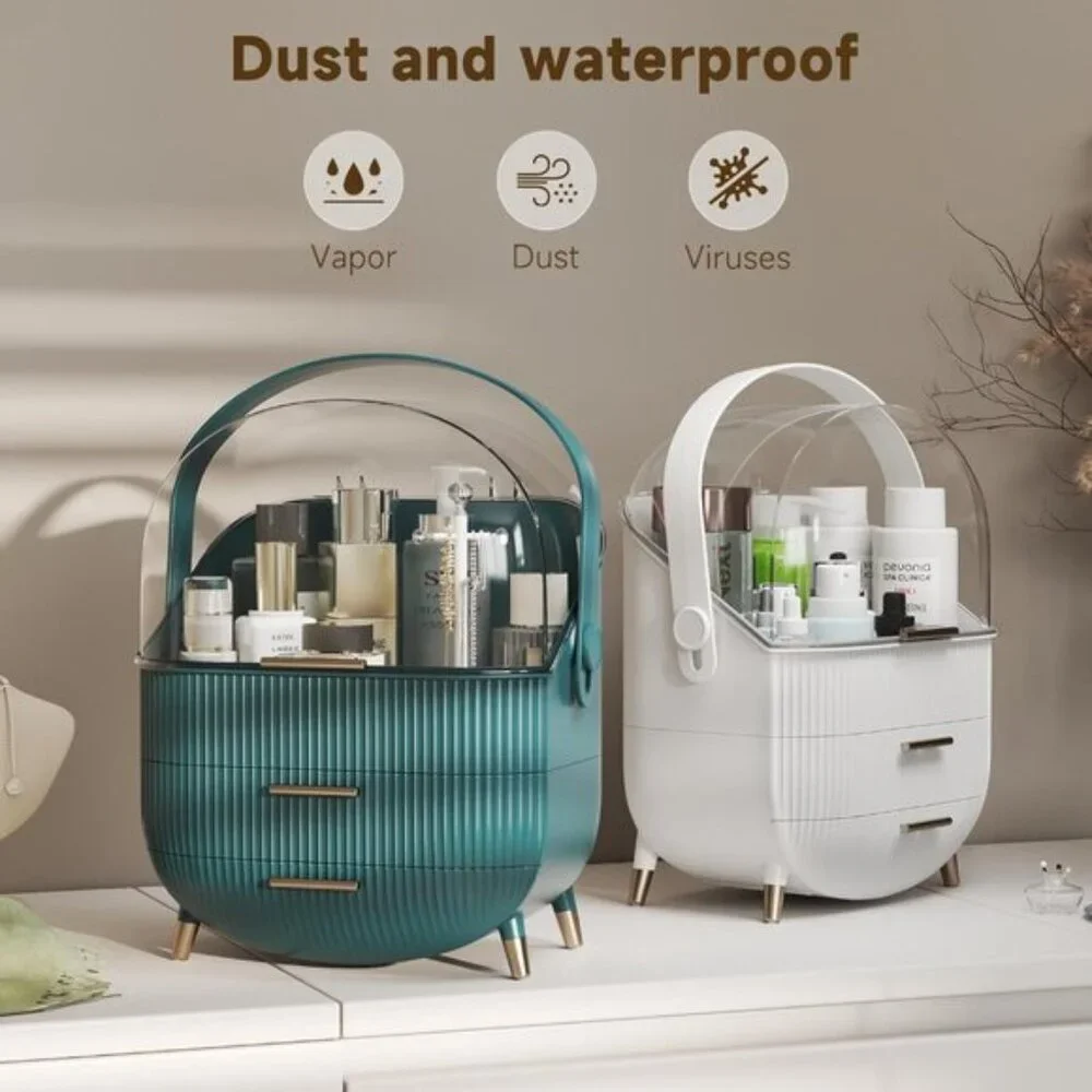 New Makeup Storage Organizer with Lid, Waterproof Vanity Box for Skincare, White